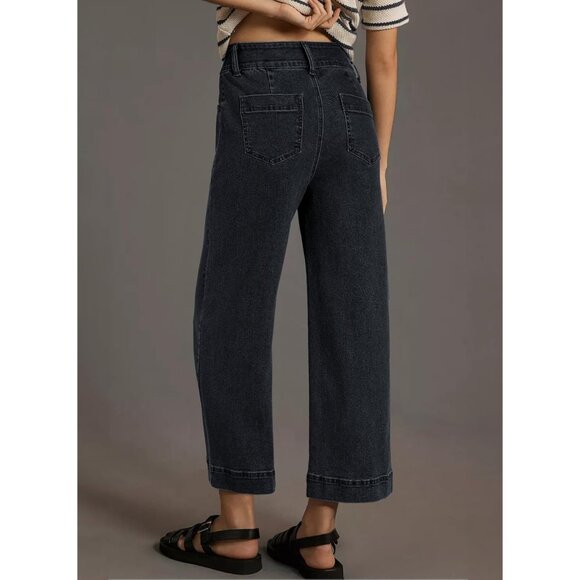 Women's High Waisted Wide Leg Cropped Denim Jeans Black Size 8 - Picture 2 of 6